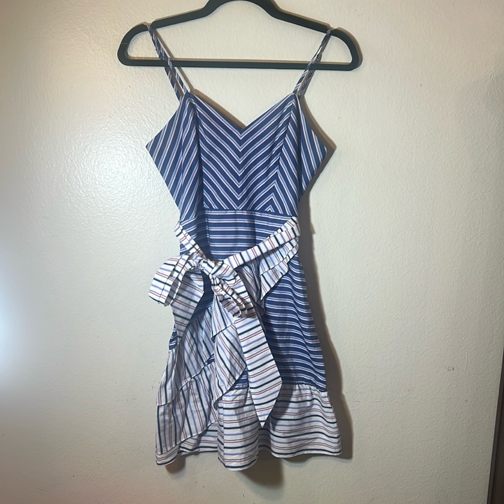 Parker Blue White Striped Cotton Mini Dress with Sash and Ruffle Hem Small